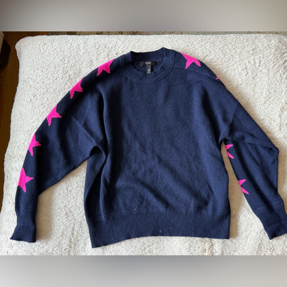 Aqua XS Navy Crewneck Cashmere Sweater with Hot Pink Stars on sleeves